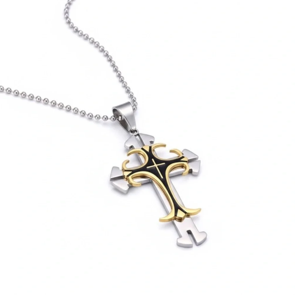 Mens Stainless Steel‎ Silver Tone Cross Pendant Necklace